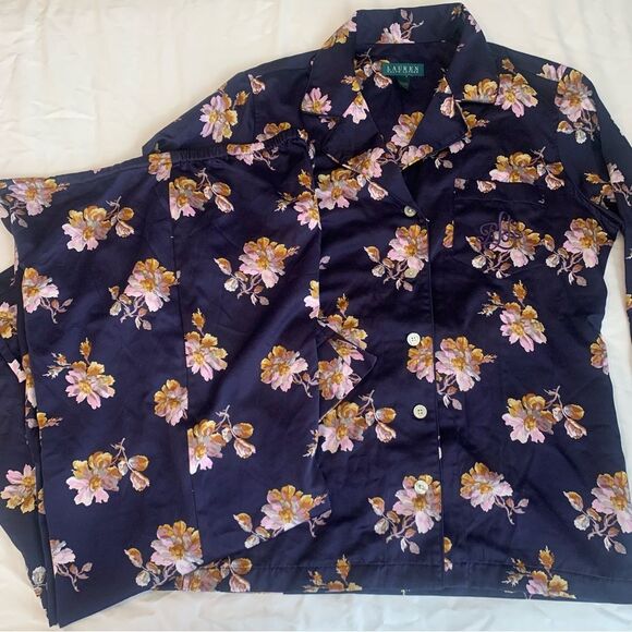 Lauren Ralph Lauren Pajama Set Sz M Satin Finish Blue with Floral Print - Picture 2 of 13